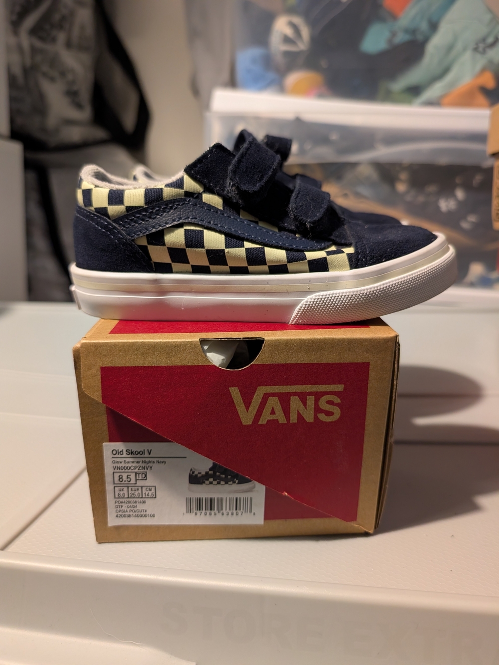 Vans Kids Old Skool V Checkerboard Velcro Sneakers - Navy/Glow In The Dark